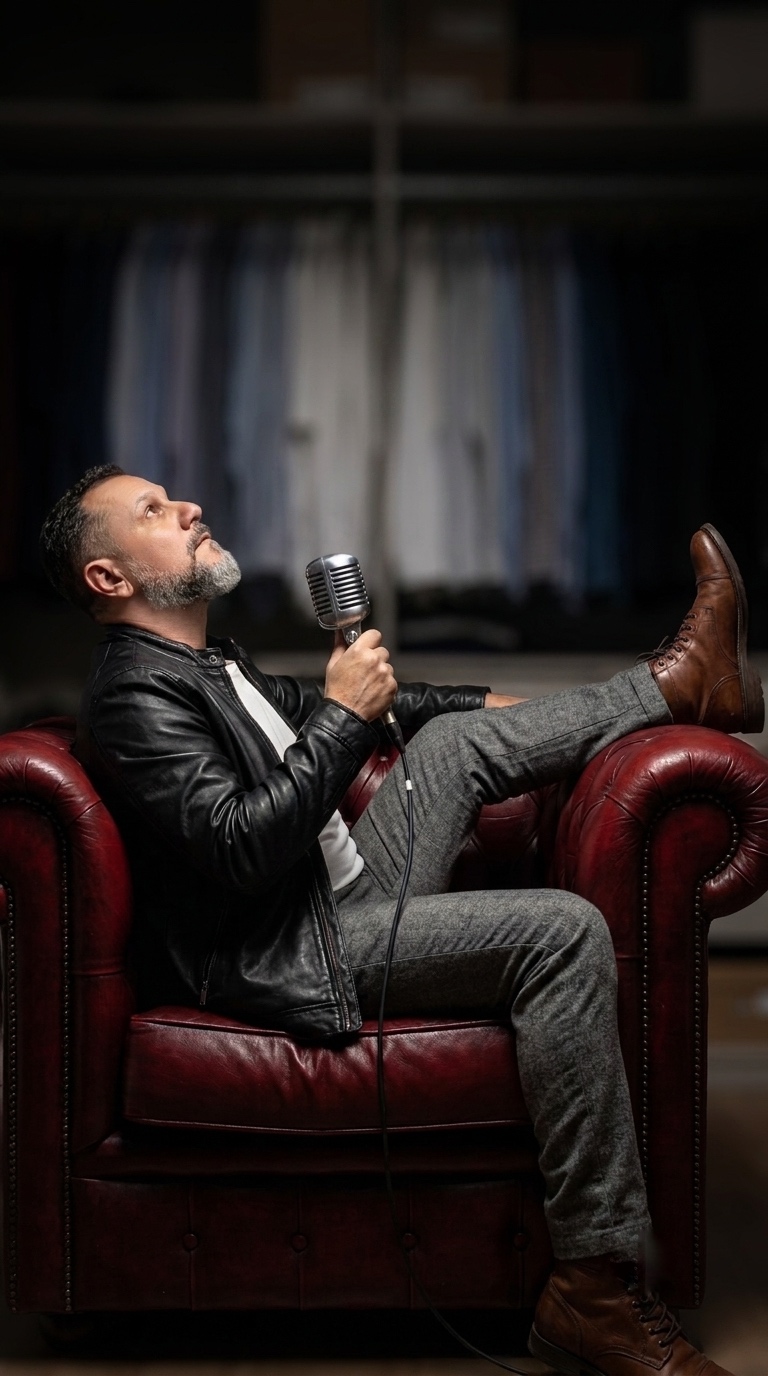 Nadiejo sentado em poltrona com microfone vintage